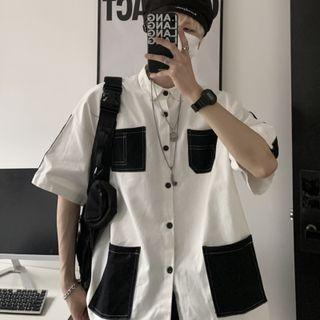 Elbow-sleeve Color-block Shirt