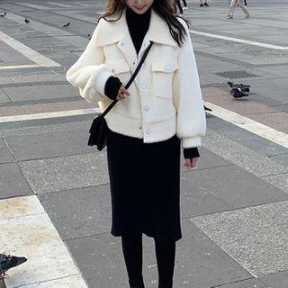 Fleece Jacket / Long-sleeve Midi A-line Knit Dress / Set