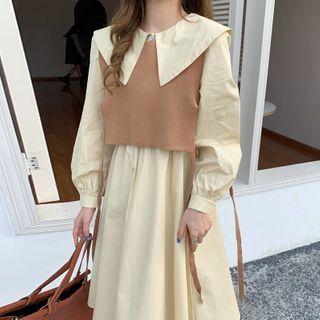 Set: Collared Long-sleeve Midi A-line Dress + Side-slit Vest