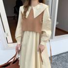 Set: Collared Long-sleeve Midi A-line Dress + Side-slit Vest