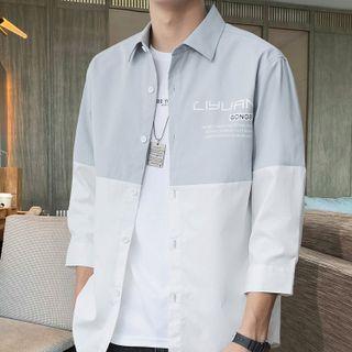 3/4-sleeve Two-tone Lettering Shirt