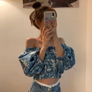 Off-shoulder Tie Dye Crop Top Blue - One Size