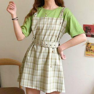 Mock Two-piece Short-sleeve Plaid Dress Green - One Size