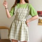 Mock Two-piece Short-sleeve Plaid Dress Green - One Size