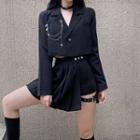 Chain Detail Cropped Blazer / Asymmetrical Pleated Mini A-line Skirt