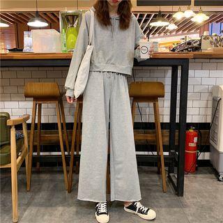 Set : Long-sleeve Hoodie And High Waist Wide-leg Pants