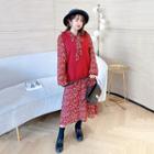 Knit Vest / Floral Print Long-sleeve Midi A-line Dress