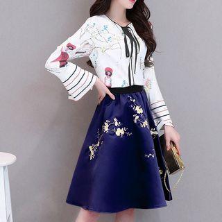 Set: Printed Long Sleeve Top + Flower Embroidered A-line Skirt