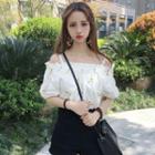 Off-shoulder Spaghetti-strap Short-sleeve Floral Embroidered Sheath Blouse