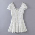 Plain Lace Short-sleeve V-neck A-line Mini Dress