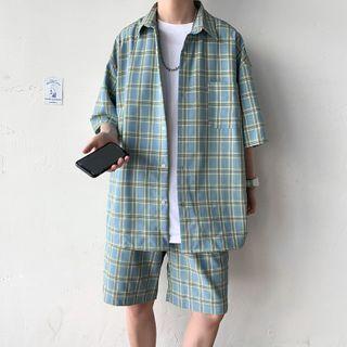 Elbow-sleeve Plaid Shirt / Shorts / Set