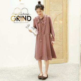 Long-sleeve Frill-trim Midi Chiffon Dress