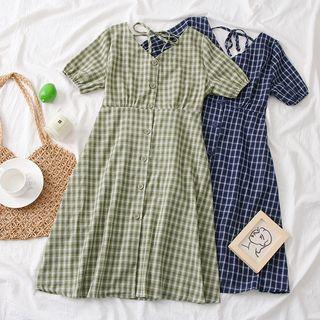 Tie-back V-neck Checked Shirtdress