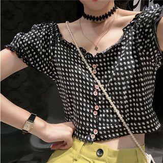 Short-sleeve Patterned Buttoned Knit Top / Cropped Dress Pants