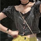Short-sleeve Patterned Buttoned Knit Top / Cropped Dress Pants