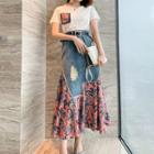 Set: Short-sleeve T-shirt + Denim Panel Print Midi A-line Skirt + Belt