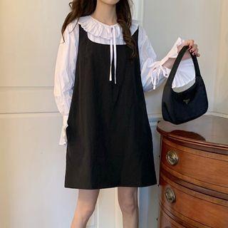Flared-cuff Ruffle Blouse / A-line Pinafore Dress