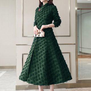 Fringed Detail Long-sleeve Midi A-line Dress