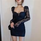 Long-sleeve Drawstring Mini Bodycon Lace Dress