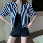 Short-sleeve Striped Zip-up Shirt Stripes - Black & White - One Size
