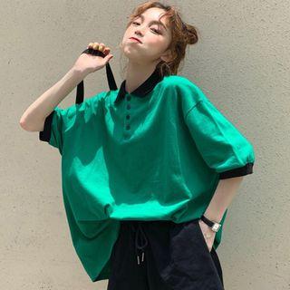 Contrast Trim Elbow-sleeve Polo Shirt / Drawstring Shorts