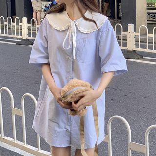 Elbow-sleeve Striped Mini Shirt Dress Light Blue - One Size