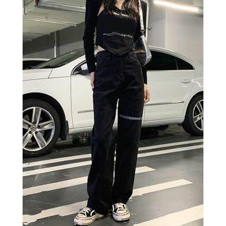 High-waist Lettering Denim Shift Wide-leg Pants