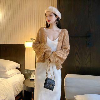 Sleeveless Ribbed Dress / Long-sleeve Cable Knit Cardigan