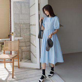 Puff-sleeve Pintuck Midi Flare Dress