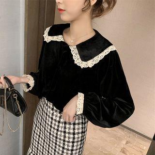 Crochet Trim Velvet Blouse Black - One Size