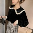 Crochet Trim Velvet Blouse Black - One Size