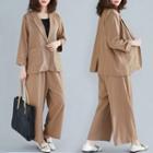 Set : Plain V-neck Cropped Sleeve Blazer + Pants Coffee - L