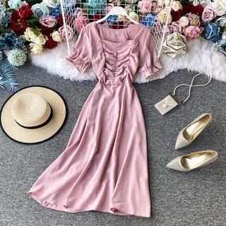 Ruched Square-neck Short-sleeve Dress