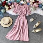 Ruched Square-neck Short-sleeve Dress