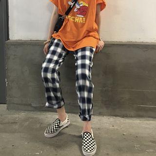 Elbow-sleeve Print T-shirt / Plaid Straight-fit Pants