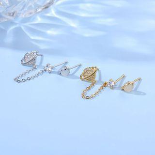 Planet Rhinestone Cat Eye Stone Asymmetrical Sterling Silver Earring