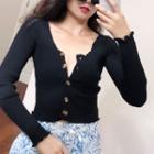 Plain V-neck Ruffled-trim Long-sleeve Cardigan Black - One Size