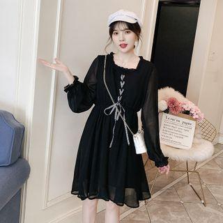Long-sleeve Lace Up Midi A-line Chiffon Dress