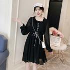 Long-sleeve Lace Up Midi A-line Chiffon Dress