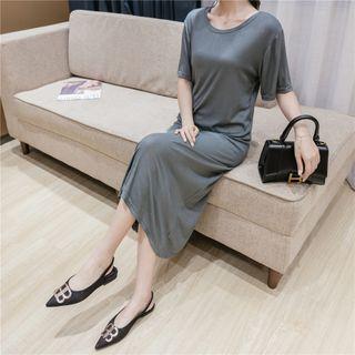 Elbow-sleeve Round-neck Midi Shift Dress