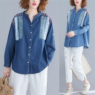 Embroidered Mandarin Collar Denim Shirt