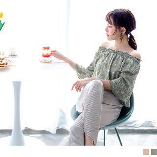 Ruffle Sleeve Paisley Print Off-shoulder Chiffon Top