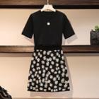Set: Short-sleeve Floral Embroidered T-shirt + Floral Print A-line Skirt