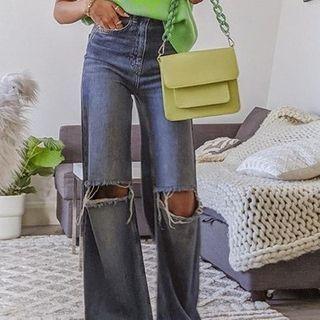 Ripped High-waist Straight Jeans