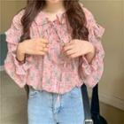 Long-sleeve Frilly Floral Chiffon Top Pink - One Size