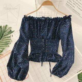 Off-shoulder Frilled Dotted Crop Blouse