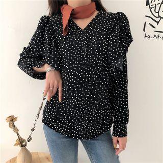 Dotted V-neck Ruffle Blouse