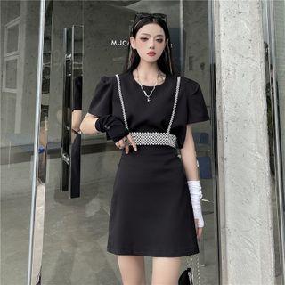 Plain Cut-out T-shirt Dress / Faux Pearl Camisole Top