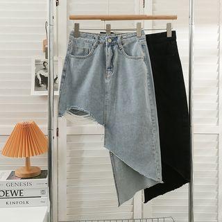Asymmetrical Frayed Denim Skirt