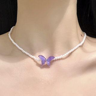 Faux Pearl Butterfly Necklace 0488a - Purple - One Size